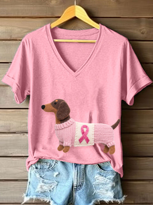 Damen schönes Dackel muster V-Ausschnitt T-Shirt