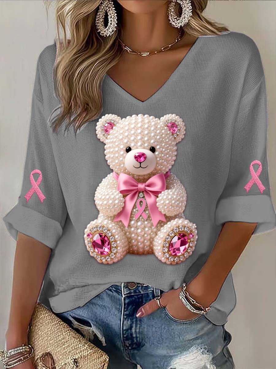 Vintage Breast Cancer Bear Perlen Abstrakt Print Lässiges T-Shirt aus Baumwolle mit langen Ärmeln