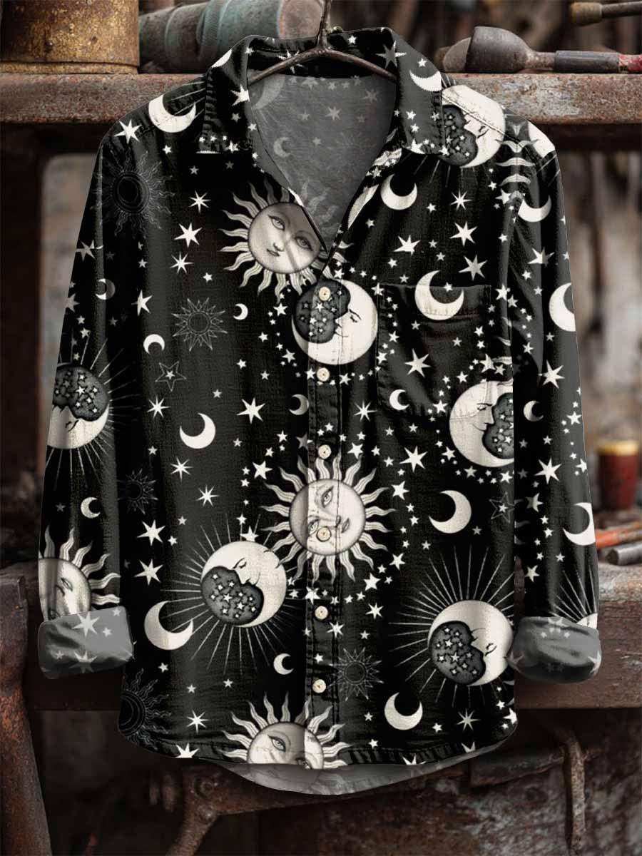 Herren Retro-Shirt mit Sonne und Mond druck Langarm