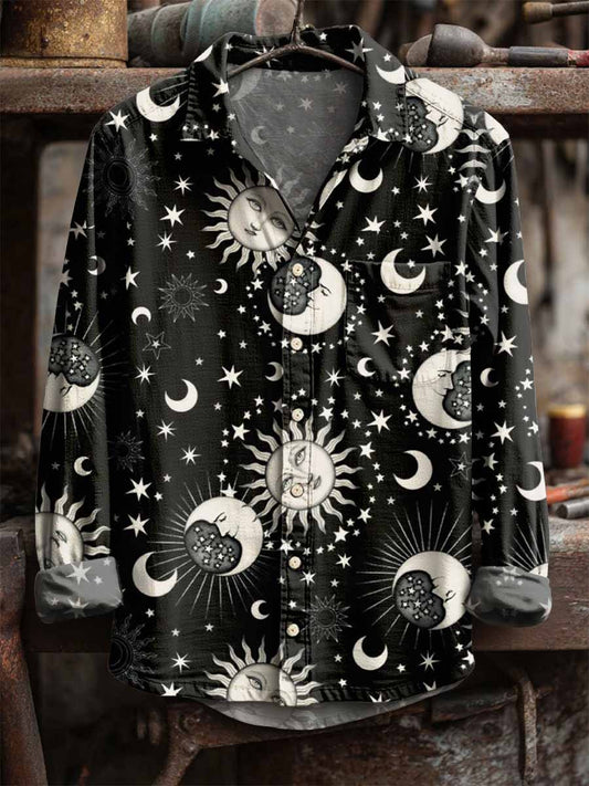 Herren Retro-Shirt mit Sonne und Mond druck Langarm