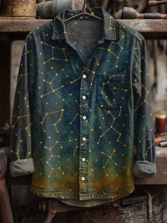 Herren Retro Const ellation Print Langarm Hemd