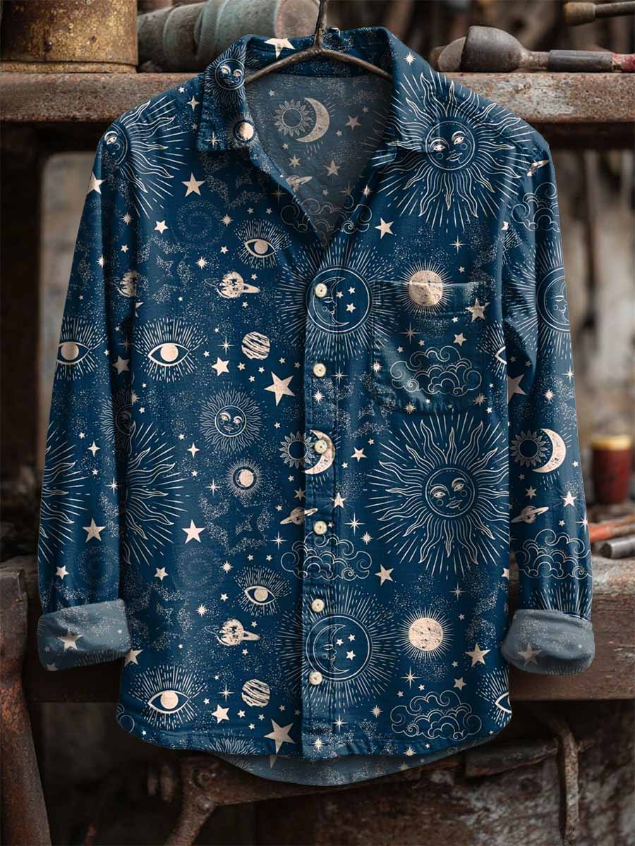 Herren Retro Star und Mond Print Langarm Hemd