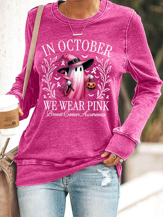 Frauen im Oktober tragen wir rosa Halloween rosa Geist Brustkrebs Bewusstsein Unterstützung Sweatshirt