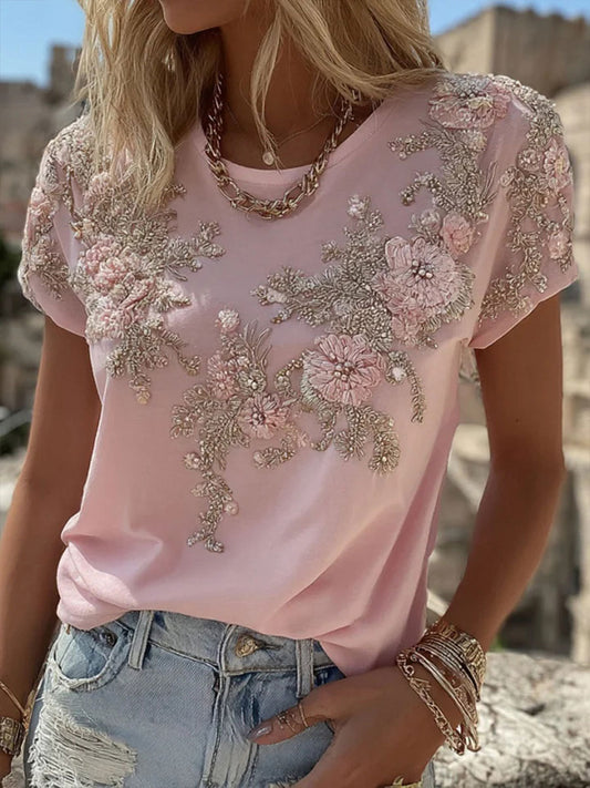 Damen-T-Shirt mit rosa Blumen druck lässig