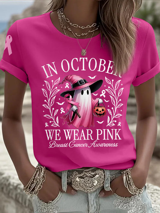 Frauen im Oktober tragen wir rosa Halloween Pink Ghost Print Brustkrebs Bewusstsein Unterstützung T-Shirt