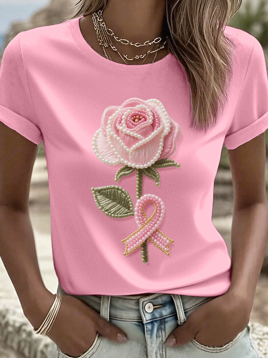 Frauen Strass Kunst rosa Band und Blumenmuster T-Shirt