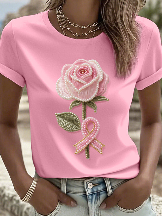 Frauen Strass Kunst rosa Band und Blumenmuster T-Shirt
