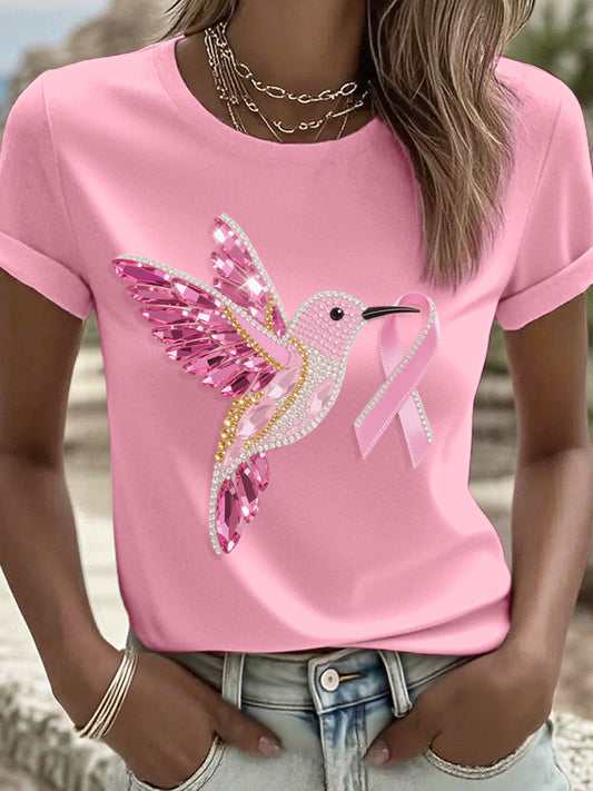Frauen Rosa Kolibri und Band Strass Kunst T-Shirt