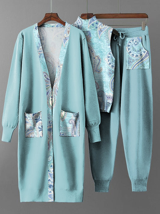 Dreiteiliger Damen-Vintage Paisley-Set mit langen Kleiden