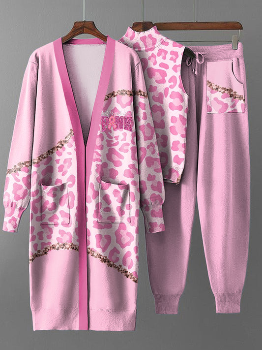 Dreiteiliges Damen-Vintage-Set aus rosafarbener Leoparden muster