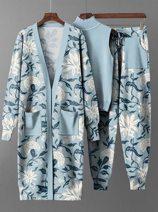 Dreiteiliger Damen-Vintage-Set mit Blumenmuster, lang