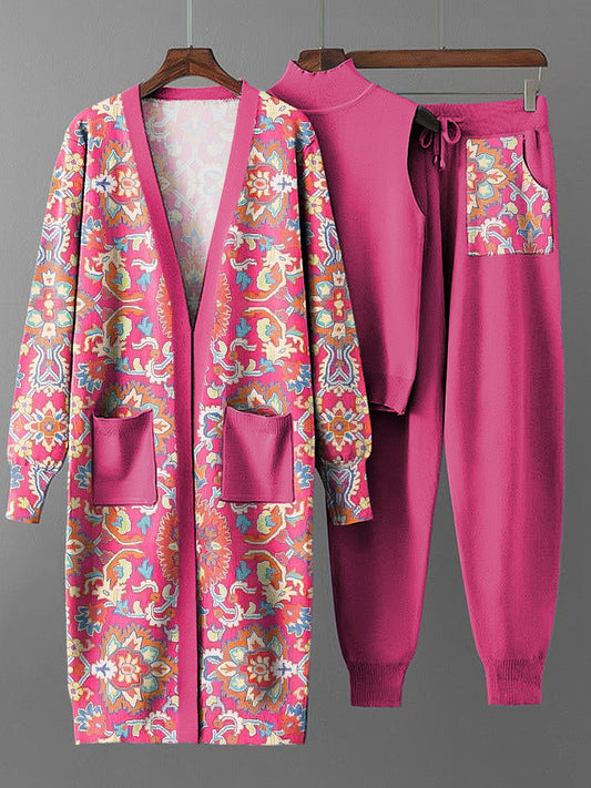 Dreiteiliger Vintage-Set mit ethnischem Blumenmuster für Damen