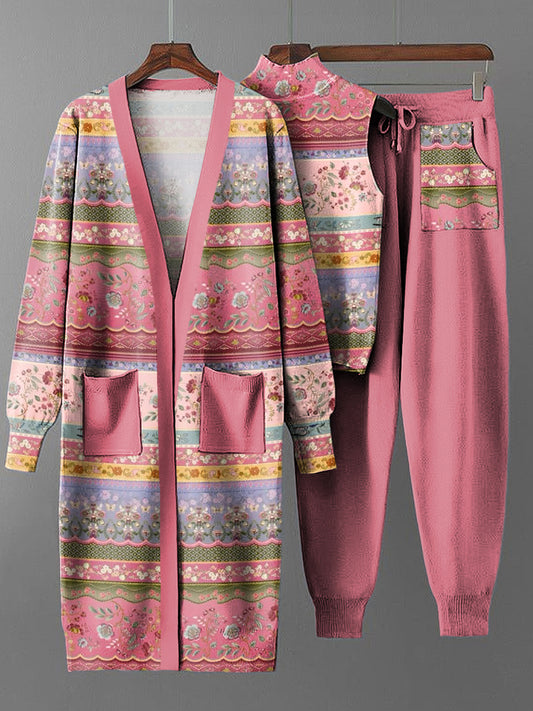Dreiteiliger Damen-Vintage-Set mit rosa Blumenmuster, lang