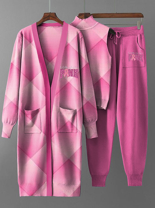 Dreiteiliges Damen-Vintage-Set mit rosa Plaid-Mantel