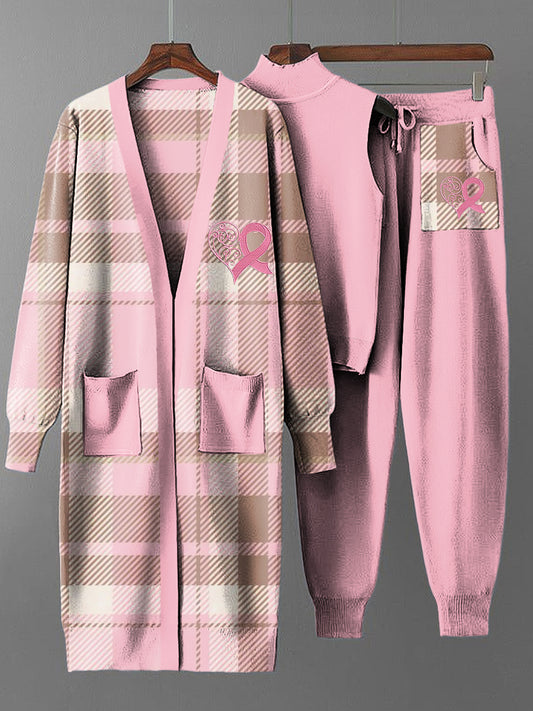 Dreiteiliger Damen-Vintage-Set mit rosa Plaid Langer Mantel