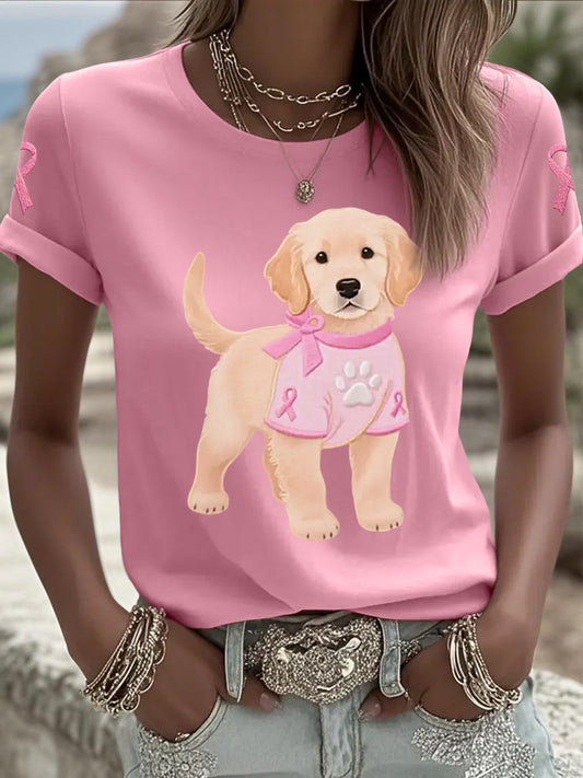 Frauen Rosa Hund Rosa Band Brustkrebs Sensi bilisierung T-Shirt