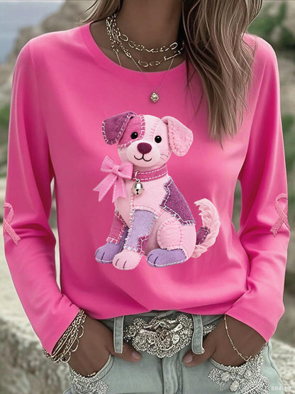 Frauen Rosa Hund Rosa Band Brustkrebs Sensi bilisierung Unterstützung Langarm T-Shirt