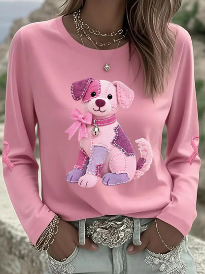Frauen Rosa Hund Rosa Band Brustkrebs Sensi bilisierung Unterstützung Langarm T-Shirt