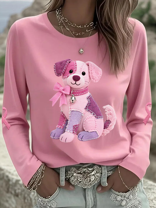 Frauen Rosa Hund Rosa Band Brustkrebs Sensi bilisierung Unterstützung Langarm T-Shirt
