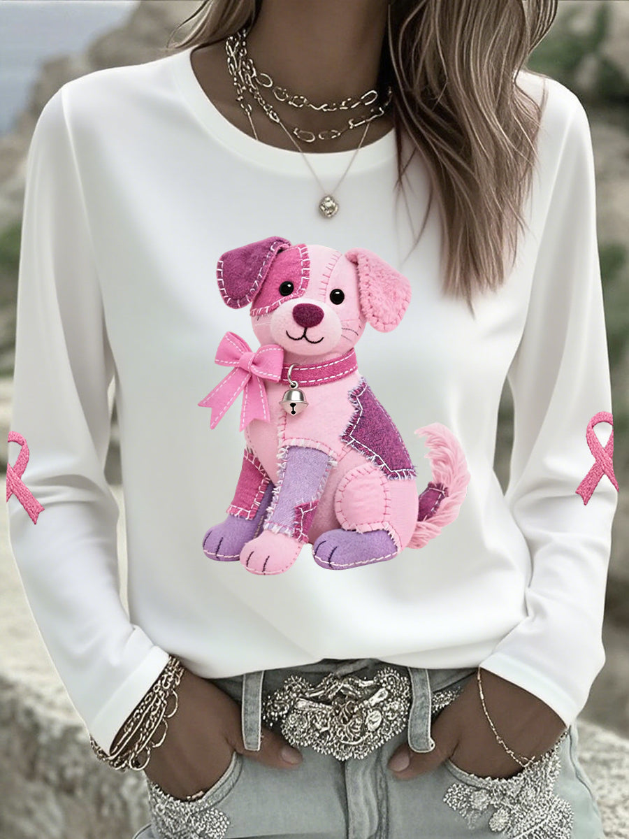 Frauen Rosa Hund Rosa Band Brustkrebs Sensi bilisierung Unterstützung Langarm T-Shirt