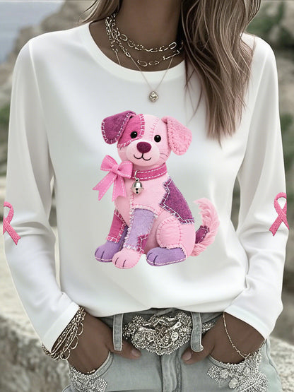 Frauen Rosa Hund Rosa Band Brustkrebs Sensi bilisierung Unterstützung Langarm T-Shirt