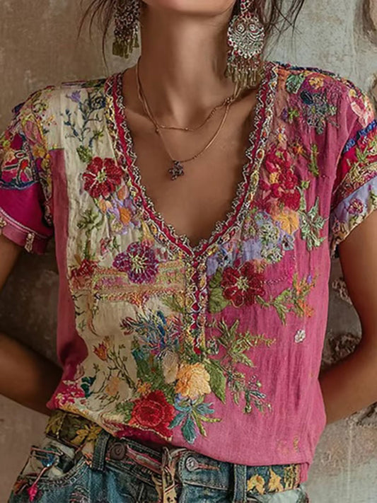 Damen-T-Shirt mit rosa Blumen druck lässig