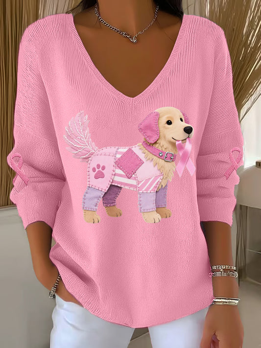 Frauen Rosa Hund Rosa Band Brustkrebs Sensi bilisierung Unterstützung Langarm-Top