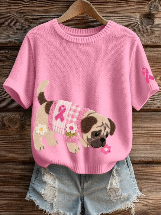 Damen Filz Kunst Mops Muster Gemütliches Stricktop