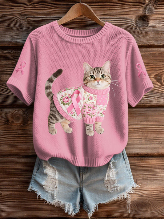 Damen Katze Rosa Band Print Casual T-Shirt