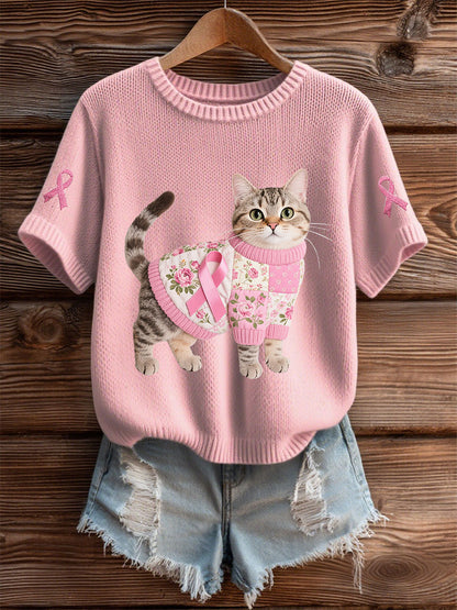 Damen Katze Rosa Band Print Casual T-Shirt