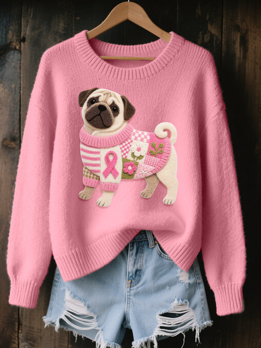 Damen Filz Kunst Mops Muster Gemütliche Strick pullover