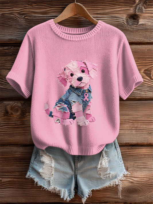 Frauen Brustkrebs Bewusstsein Denim Welpen Print T-Shirt