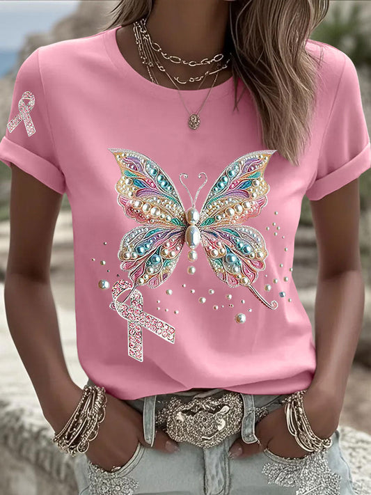 Frauen Brustkrebs Bewusstsein Rosa Band Print Casual T-Shirt