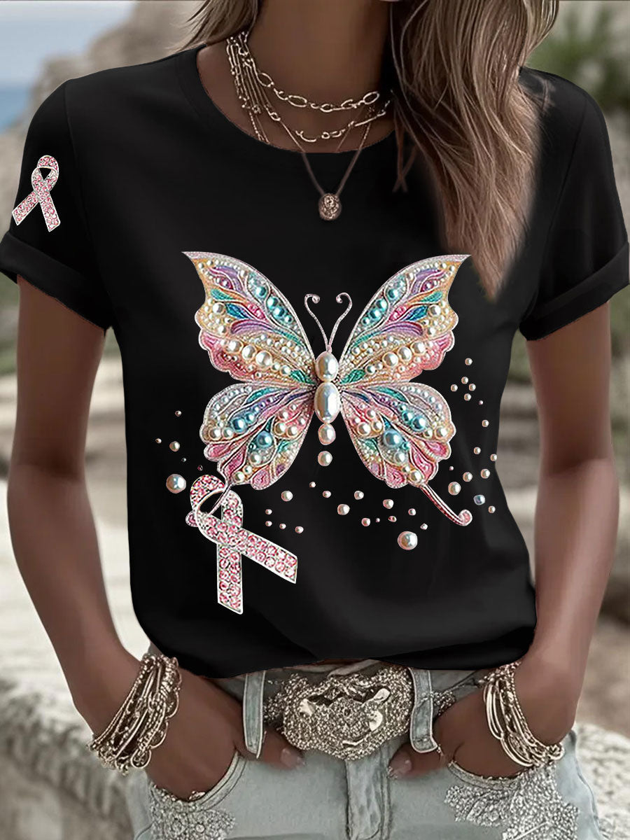 Frauen Brustkrebs Bewusstsein Rosa Band Print Casual T-Shirt