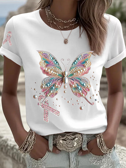 Frauen Brustkrebs Bewusstsein Rosa Band Print Casual T-Shirt