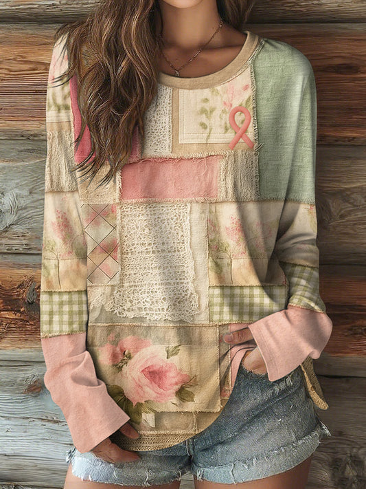 Damen Rosa Band Blumen Patchwork Rundhals-T-Shirt mit langen Ärmeln