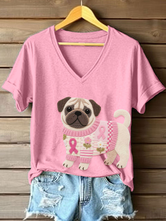 Frauen Filz Kunst Mops Muster V-Ausschnitt T-Shirt