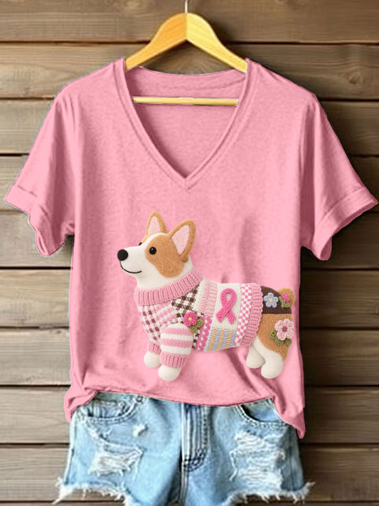 Frauen Filz Kunst Corgi Muster V-Ausschnitt T-Shirt
