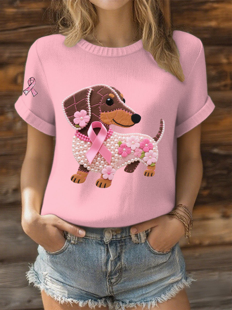 Frauen rosa Band Pearl Dog Print Casual T-Shirt