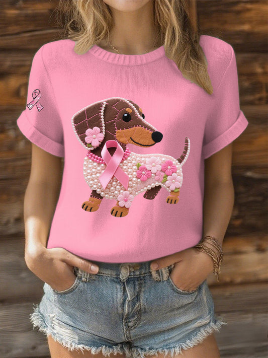Frauen rosa Band Pearl Dog Print Casual T-Shirt