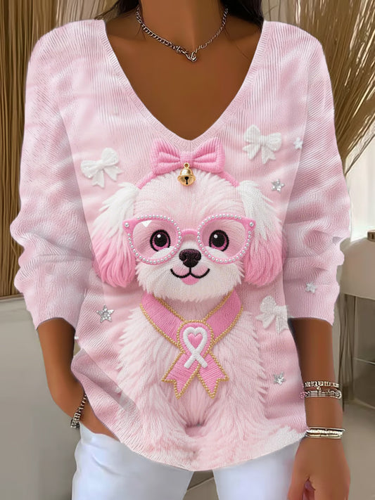 Frauen Rosa Hund Rosa Band Brustkrebs Sensi bilisierung Unterstützung Langarm-Top