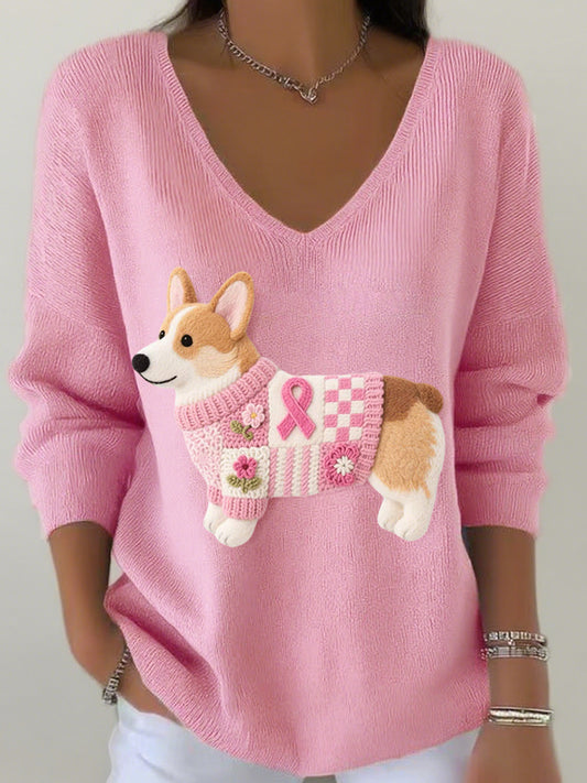 Frauen Filz Kunst Corgi Muster V-Ausschnitt gerippt Top