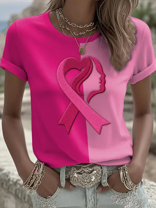 Damen Lässiges Brustkrebs-Liebes band Kontrast farbe Kurzarm-T-Shirt