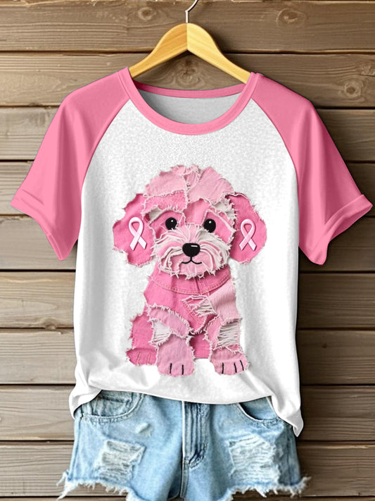 Frauen rosa pelzigen Hund Patchwork Kunst T-Shirt