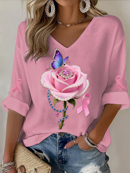 Retro Brustkrebs Perle Rose Blumen Schmetterling Abstrakt Print Lässige Baumwolle Waffel Langarm T-Shirt