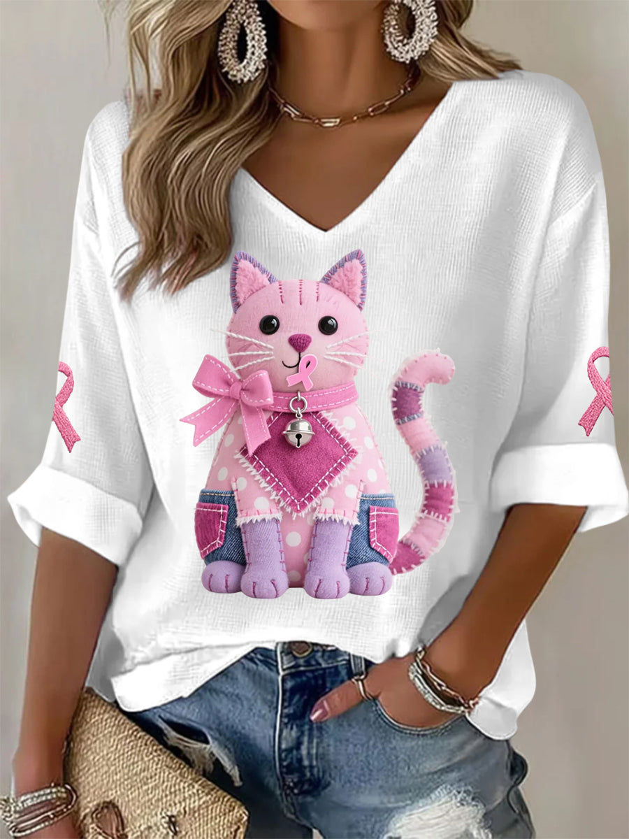 Frauen Rosa Katze Rosa Band Brustkrebs Sensi bilisierung Unterstützung Langarm T-Shirt