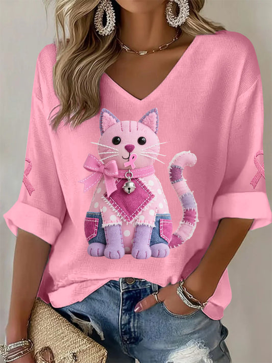 Frauen Rosa Katze Rosa Band Brustkrebs Sensi bilisierung Unterstützung Langarm T-Shirt