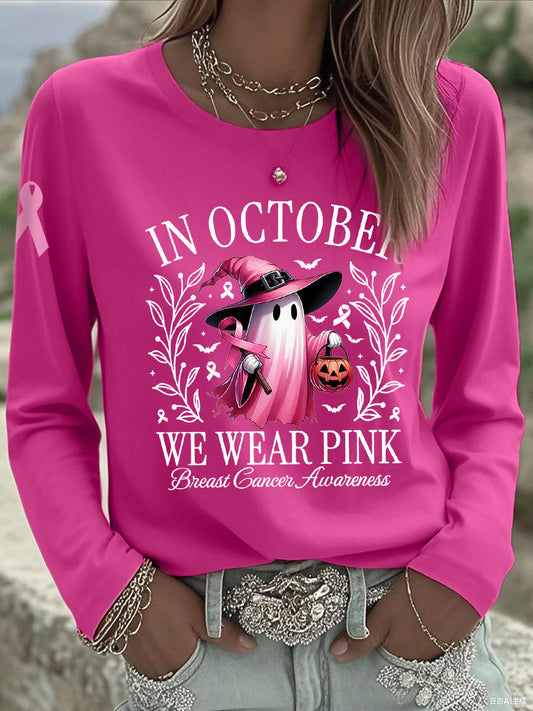 Frauen im Oktober tragen wir rosa Halloween rosa Geist Brustkrebs Bewusstseins unterstützung Langarm T-Shirt