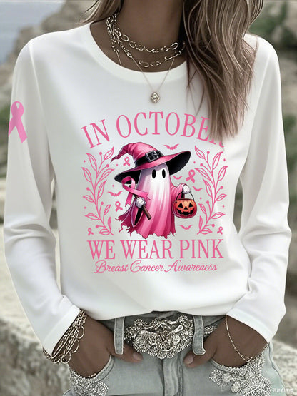 Frauen im Oktober tragen wir rosa Halloween rosa Geist Brustkrebs Bewusstseins unterstützung Langarm T-Shirt