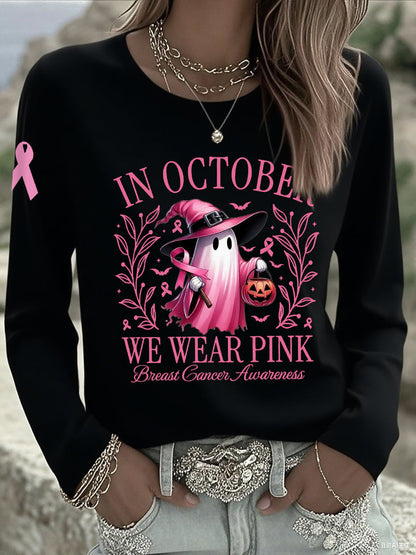 Frauen im Oktober tragen wir rosa Halloween rosa Geist Brustkrebs Bewusstseins unterstützung Langarm T-Shirt